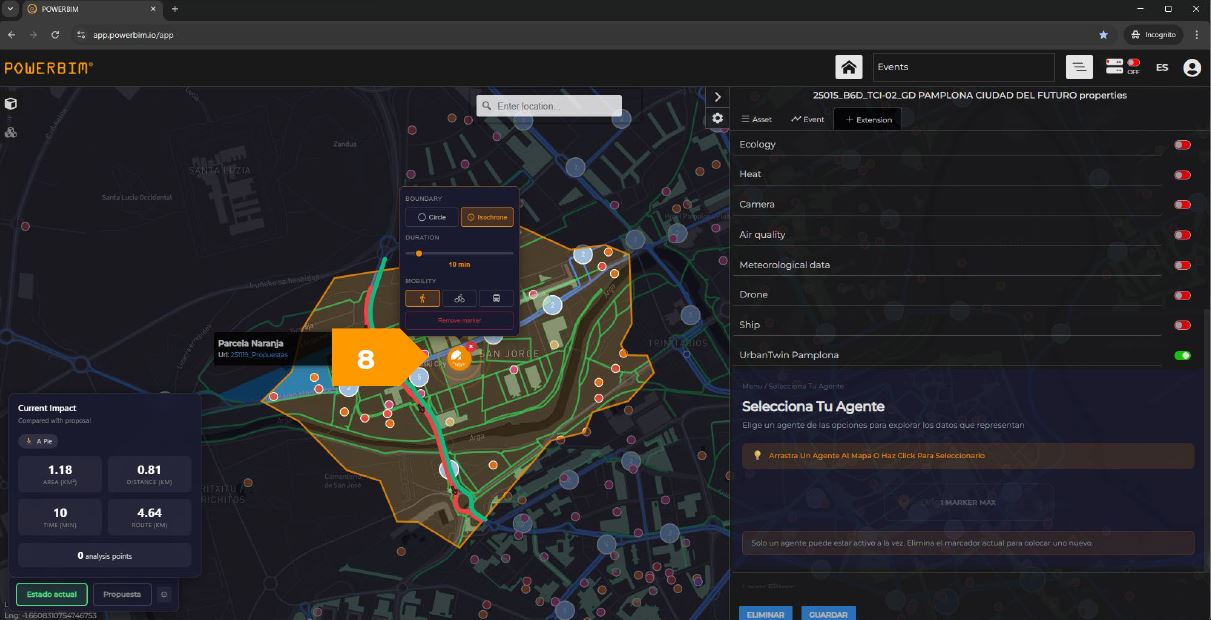 Análisis de ciudad de 15 minutos en gemelo digital urbano de Pamplona