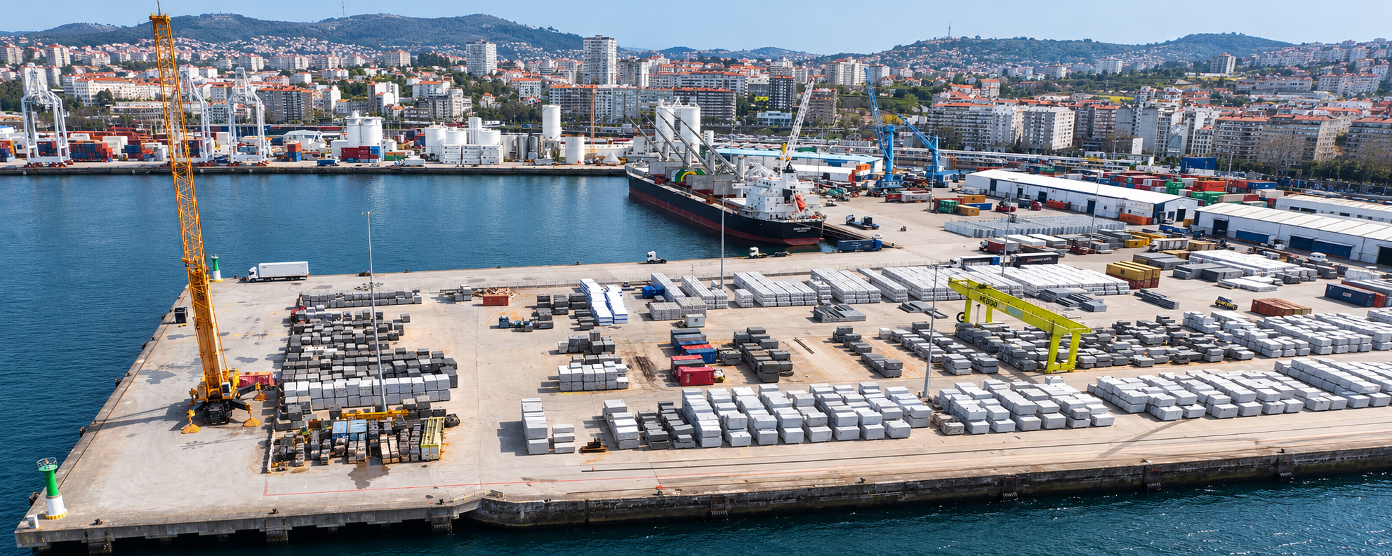 Aerial view of the Port of Vigo showing material storage areas captured as part of the TWINPORTS project