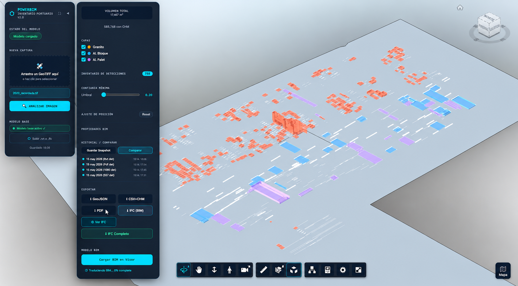 POWERBIM port inventory interface showing detected materials and operational data in the TWINPORTS project